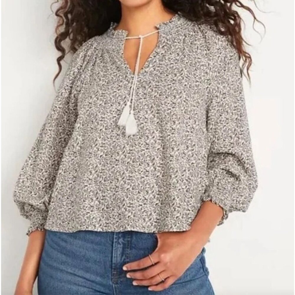 Old Navy Womens Plus XXL Floral Long Sleeve Peasant Blouse Tassel Tie Boho Shirt